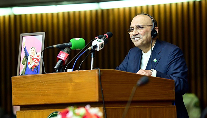 President Asif Ali Zardari addresses the joint session of parliament at the beginning of the second parliamentary year, at Parliament House, on March 10, 2025. — PID
