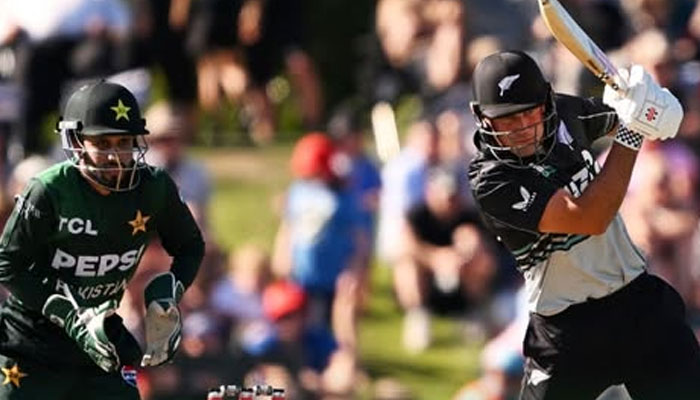 New Zealands batter plays a shot during first T20I match against Pakistan in Christchurch on March 16, 2025. — Facebook@PakistanCricketBoard