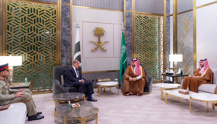 (From left to right) COAS General Asim Munir, PM Shehbaz Sharif and Saudi Crown Prince and Prime Minister Mohammed bin Salman pictured during a meeting on March 20, 2025. — X@CMShehbaz
