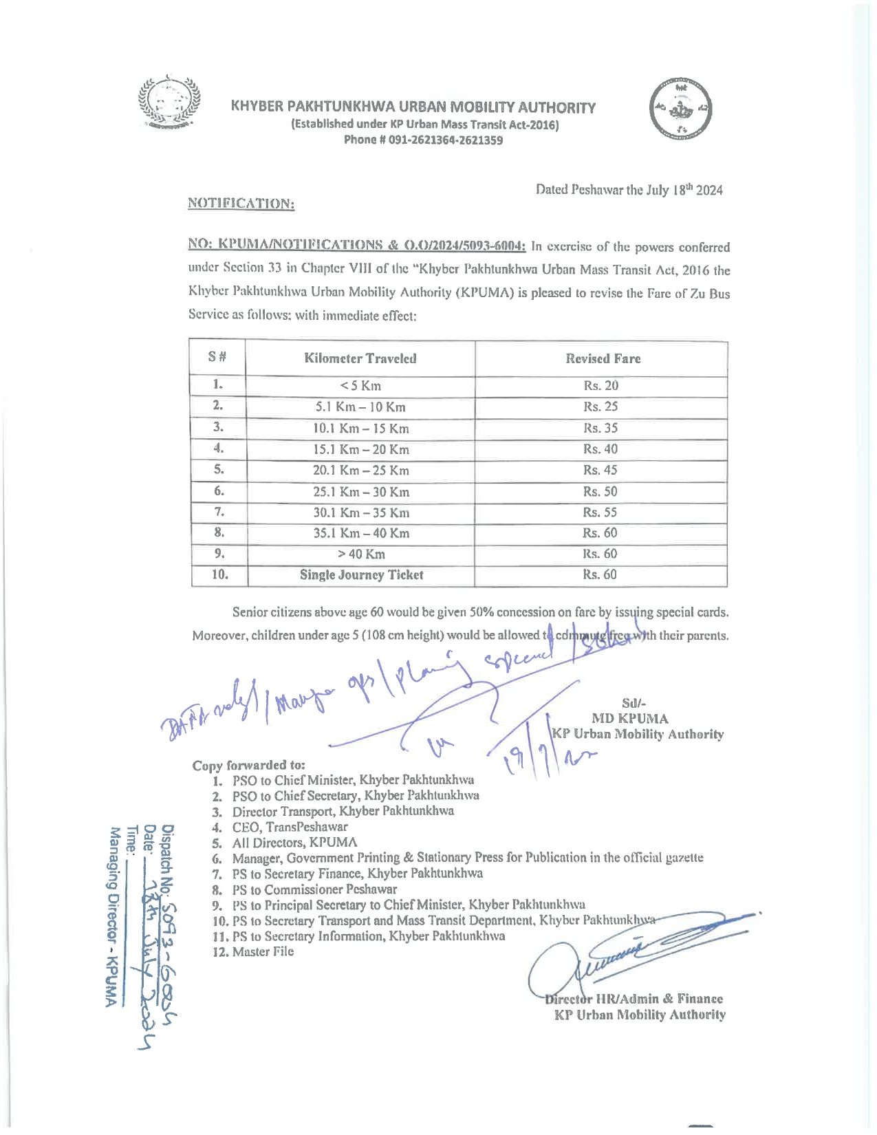 A notification issued by the Khyber Pakhtunkhwa Urban Mobility Authority (July 18, 2024) confirms that BRT fares remain between Rs20 and Rs60.
