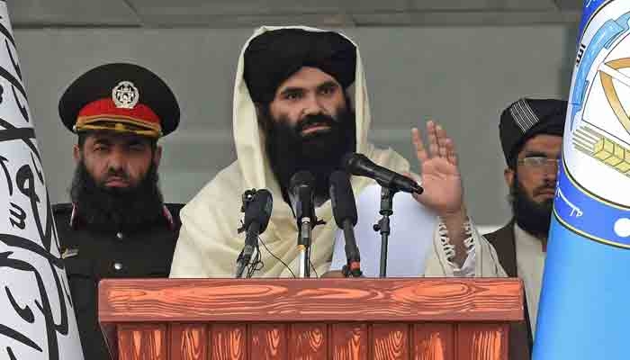 Taliban leader Sirajuddin Haqqani (centre) speaks during a ceremony in Kabul on March 5, 2022. — AFP