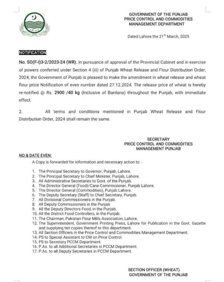 Notification issued by the Price Control and Commodities Management Department on March 21, which sets the release price for 40 kg of wheat at Rs2,900.