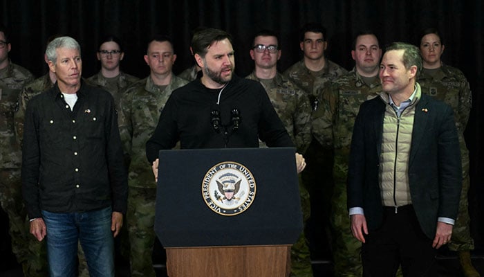 US Vice President JD Vance, flanked by Secretary of Energy Chris Wright and US National Security Advisor Mike Waltz, speaks at the US militarys Pituffik Space Base in Greenland on March 28, 2025. — Reuters