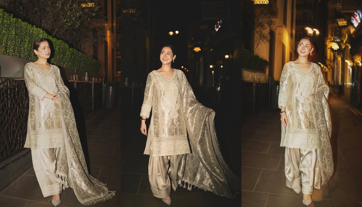 Pakistani actor Hania Aamir frolicks in a dull gold set gracefully flaunting a Farshi Shalwar. — Instagram/@haniaheheofficial