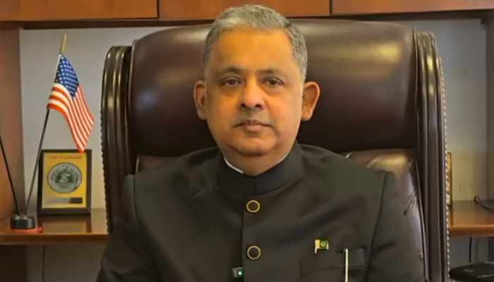 Pakistan Ambassador to US Rizwan Saeed Shaikh addressing the media. — Screengrab/Facebook/@radiopakistannewsofficial