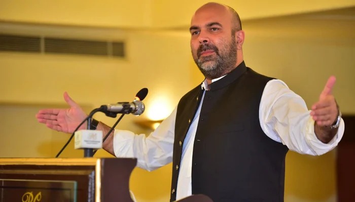 KP’s former health minister Taimur Saleem Jhagra gestures as he speaks during an event in this picture released on August 27, 2023. — Facebook/Taimur Khan Jhagra