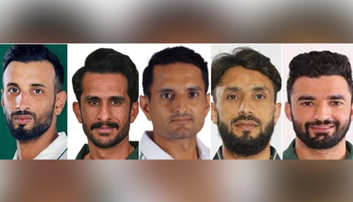 (L-R) Pakistan test team captain Shan Masood, Hasan Ali, Mohammad Abbas, Kashif Ali and Zafar Gohar. — Reporter