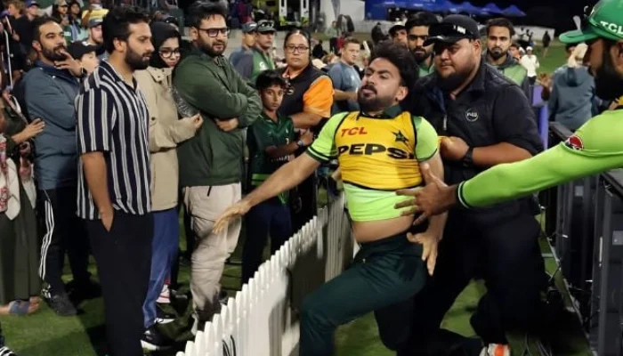Khushdil Shah was seen being stopped by security after his clash with fans following Pakistans defeat in the third ODI against New Zealand at Bay Oval in Mount Maunganui on April 5, 2025. - X