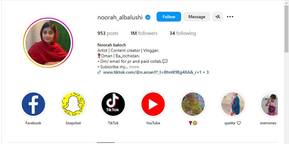 A screenshot of Baloch’s Instagram page.