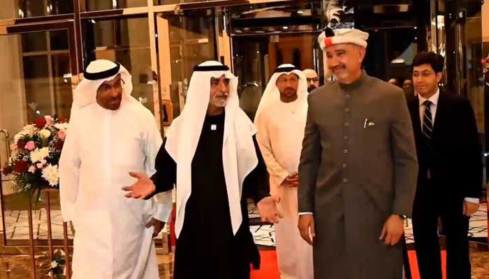 Ambassador Faisal Niaz Tirmizi warmly welcomes Sheikh Nahyan bin Mubarak Al Nahyan at Pakistan Day celebrations in Abu Dhabi. — Reporter