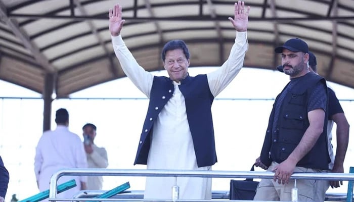 PTI founding chairman Imran Khan gestures during a PTI rally in Swat, on March 16, 2022. — Facebook/@ImranKhanOfficial