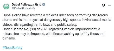 Viral Dubai biker hit with AED 50,000 fine after daredevil hands-free stunts