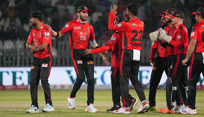 Lahore Qalandars players celebrate a wicket during the PSL 10 match against Quetta Gladiators at the Rawalpindi Cricket Stadium on April 13, 2025. — PCB