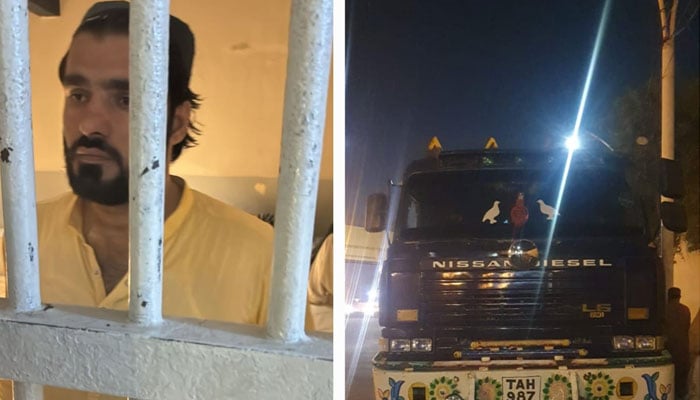 A collage showing the dumper driver and the vehicle concerned in the Sharea Faisal incident. — Reporter
