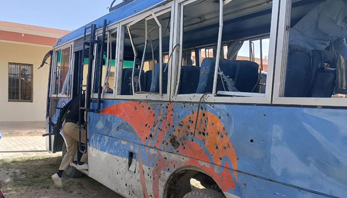 The damaged security personnel vehicle after being targeted by an IED in Mastung on April 15, 2025. — Reporter