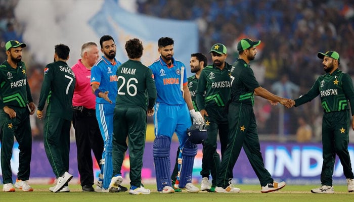 Pakistans Imam-ul-Haq shakes hands with Indias KL Rahul and Shreyas Iyer after the ICC Cricket World Cup 2023 match at Narendra Modi Stadium, Ahmedabad, India, October 14, 2023. — Reuters