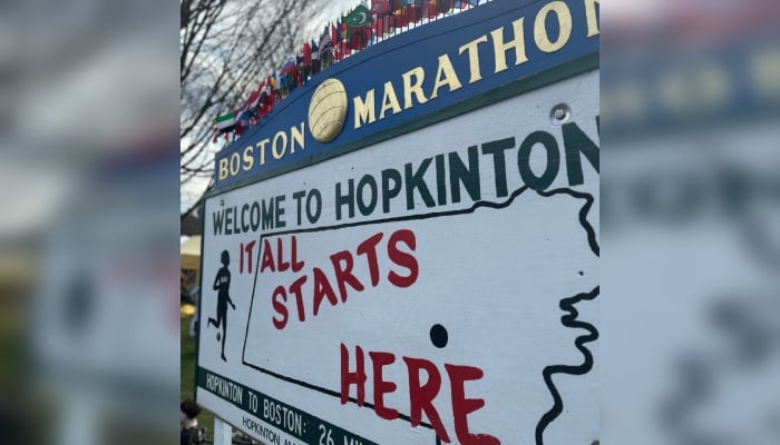 This undated image shows a sign board at the Boston Marathon start area in Hopkinton, Massachusetts, US. — Reporter