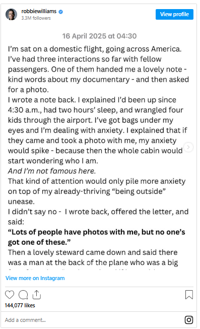 Robbie Williams shares powerful message: This isnt a complaint