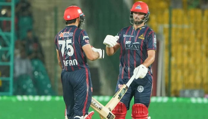 James Vince and Irfan Khan Niazi during Pakistan Super League (PSL) 10 match between Karachi Kings and Quetta Gladiators at the National Bank Cricket Stadium in Karachi on April 18, 2025. — PCB