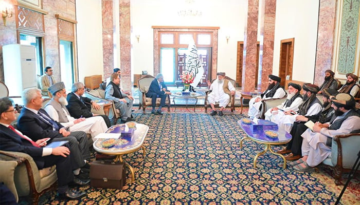 DPM Dar holds meeting with Afghan interim Prime Minister Mullah Muhammad Hassan Akhund and other government officials. — MOFA