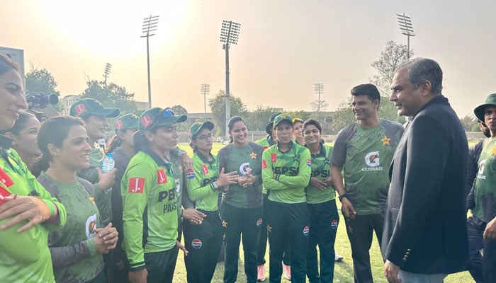 Pakistan Cricket Board (PCB) Chairman Mohsin Naqvi interacts with womens national cricket team players at Lahore City Cricket Association (LCCA) Ground on April 19, 2025. — reporters