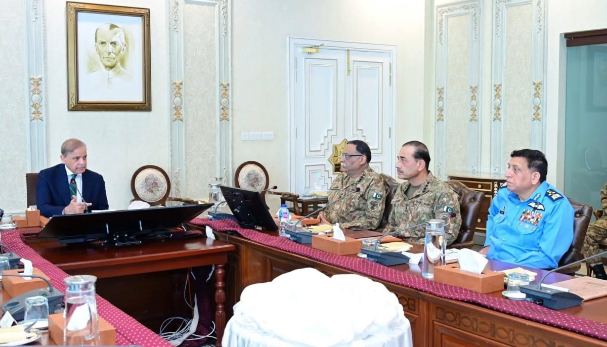 Prime Minister Shehbaz Sharif chairs the NSC meeting with the countrys military leadership also in attendance. — APP