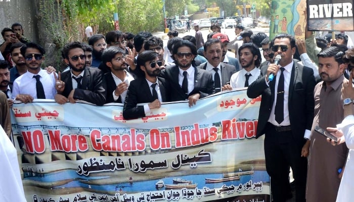 Law students stage a protest against proposed construction of canals over River Indus outside the Hyderabad Press Club in Hyderabad on April 24, 2025. — INP