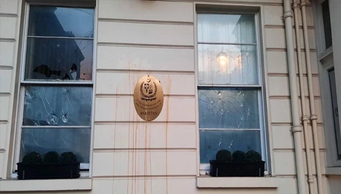 Broken glasses of windows of Pakistani High Commission in London can be seen. —PTV/File