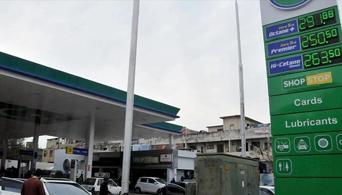 The new fuel price list displayed following the increase in petroleum prices in Islamabad on January 29, 2023. — APP