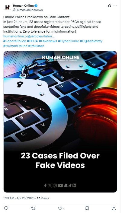 Fact-check: True. 23 Peca cases registered in one day by Lahore police over anti-state content