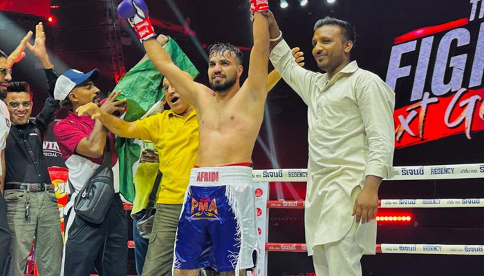 Pakistani middleweight boxer Shahir Afridi celebrates after winning fight in Bangkok. — Facebook/@iamshahirafridi/File