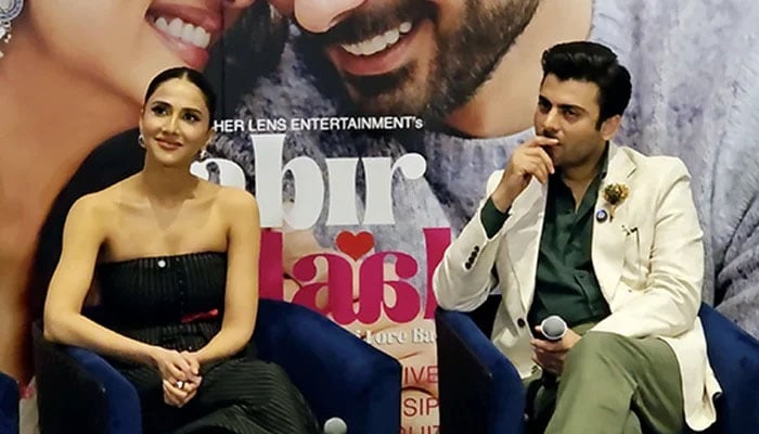 Fawad Khan and Vaani Kapoor at the music launch event of the film Abir Gulaal in Dubai. — Geo News