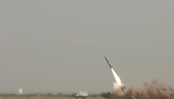 The image shows the launch of a Abdali weapon system missile. — ISPR/File