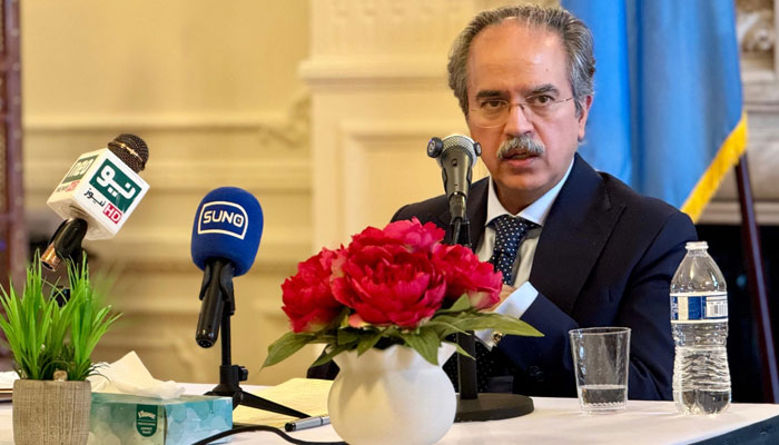 Pakistan’s Permanent Representative to the United Nations, Ambassador Asim Iftikhar speaking to the media on May 3, 2025. — X@PakistanUN_NY