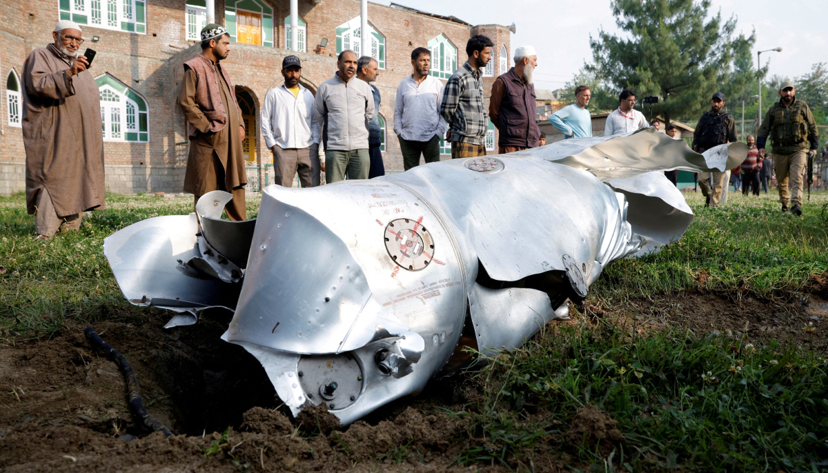Metal debris lies on the ground in Wuyan in Indian Illegally Occupied Jammu and Kashmirs Pulwama district May 7, 2025. — Reuters