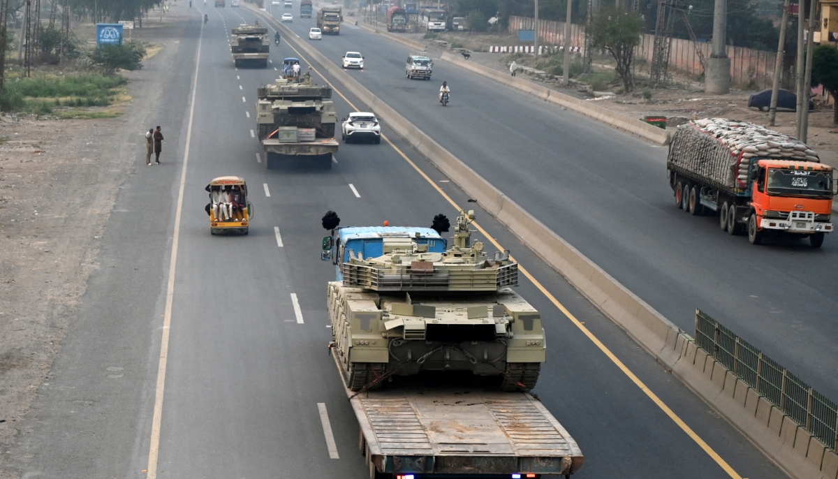 Tanks are transported on a road in Muridke near Lahore, on May 7, 2025. —Reuters