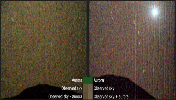 The first visible-light image of a green aurora on Mars (left), taken by NASAs Perseverance rover, is seen next to a comparison image showing the night sky without the aurora but featuring the Martian moon Deimos (right), in this image released by NASA on May 14, 2025. — Reuters