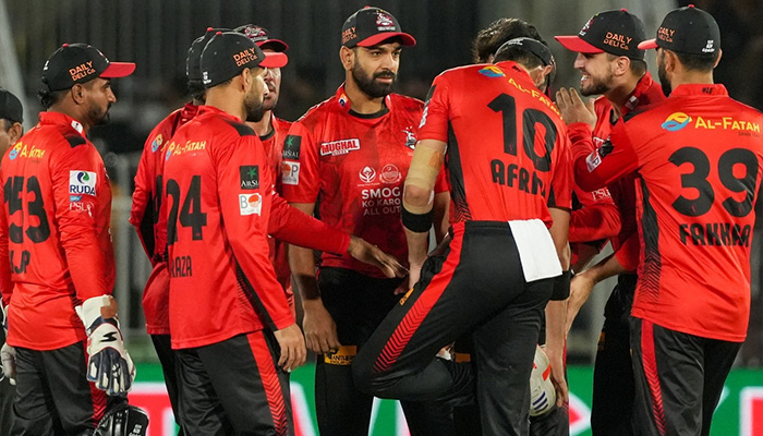 Lahore Qalandars players celebrate a wicket during the PSL match against Peshawar Zalmi at Rawalpindi Cricket Stadium on May 18, 2025. — Facebook/thePSL