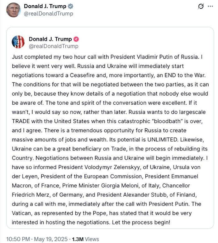 Putin agrees with Trump to work with Ukraine on memorandum on possible peace accord