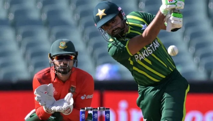 Babar Azam plays a shot back to the bowler Bangladeshs Shakib Al Hasan during the ICC mens Twenty20 World Cup 2022 cricket match between Pakistan and Bangladesh at Adelaide Oval on November 6, 2022 in Adelaide. — AFP