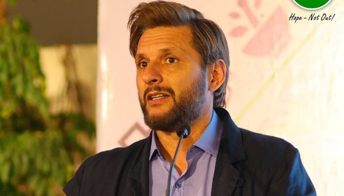 Former Pakistan cricket team captain Shahid Afridi makes an address at an event in this undated image. — Instagram/@safridiofficial