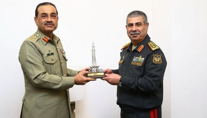 Field Marshal Syed Asim Munir (left) with Azerbaijani Minister of Defence Colonel General Hasanov Zakir Asgar Oglu posing for a picture in Lachin, Azerbaijan, on May 28, 2025. —ISPR