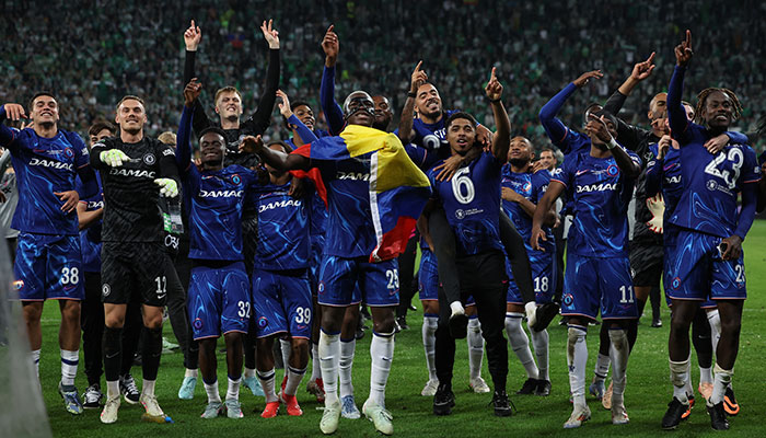 Chelseas Malo Gusto, Wesley Fofana, Marc Guiu, Filip Jorgensen, Tyrique George, Moises Caicedo, Noni Madueke and Trevoh Chalobah celebrate after winning the Conference League in final against Real Betis at Wroclaw Stadium, Wroclaw, Poland - May 28, 2025. — Reuters