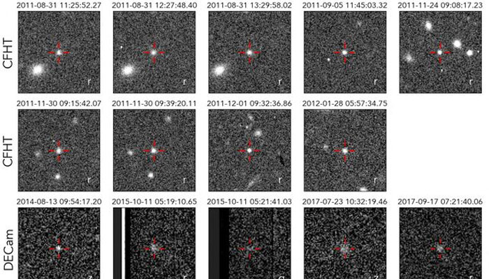 Cutout images of all 19 detections of the newly identified trans-Neptunian object named 2017 OF201 are seen, from the Canada France Hawaii Telescope (CFHT) and the Dark Energy Camera (DECam) on the 4-meter Victor M. Blanco Telescope, released by the Institute for Advanced Study in Princeton, New Jersey, on May 22, 2025. — Reuters