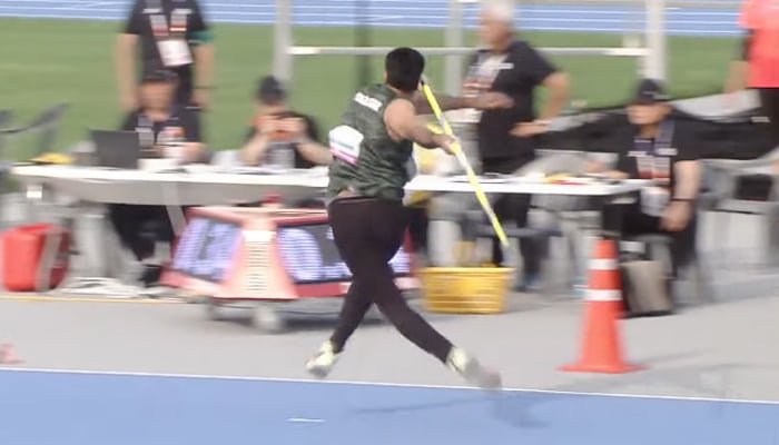 Pakistan’s javelin star Arshad Nadeem attempts a throw during the Asian Athletics Championships in Gumi, South Korea, on May 31, 2025. — Geo News
