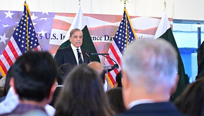 PM Shehbaz Sharif addresses a ceremony organised on the eve of 249th anniversary of independence day of United States of America on June 4, 2025. — APP