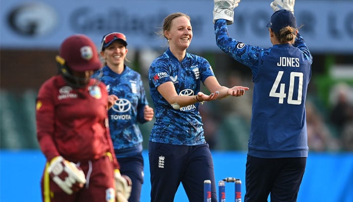 Englands women cricket teams players celebrate after defeating West Indies women cricket team in the second Women’s ODI at Grace Road in Leicester, England on June 4, 2025. — X/@englandcricket
