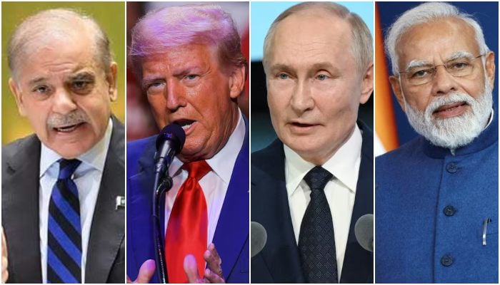 (From left to right) PM Shehbaz Sharif, US President Donald Trump, Russian President Vladimir Putin, Indian PM Narendra Modi. — PID/Reuters/File