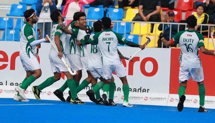 Pakistan team celebrates scoring a goal during Asian Champions Trophy match against China on September 12, 2024. — Asian Hockey Federation/Facebook/File