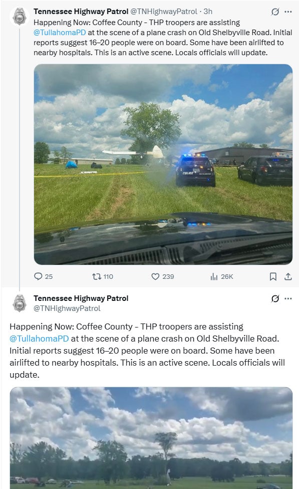 Skydiving plane with 20 aboard crashes in Tennessee